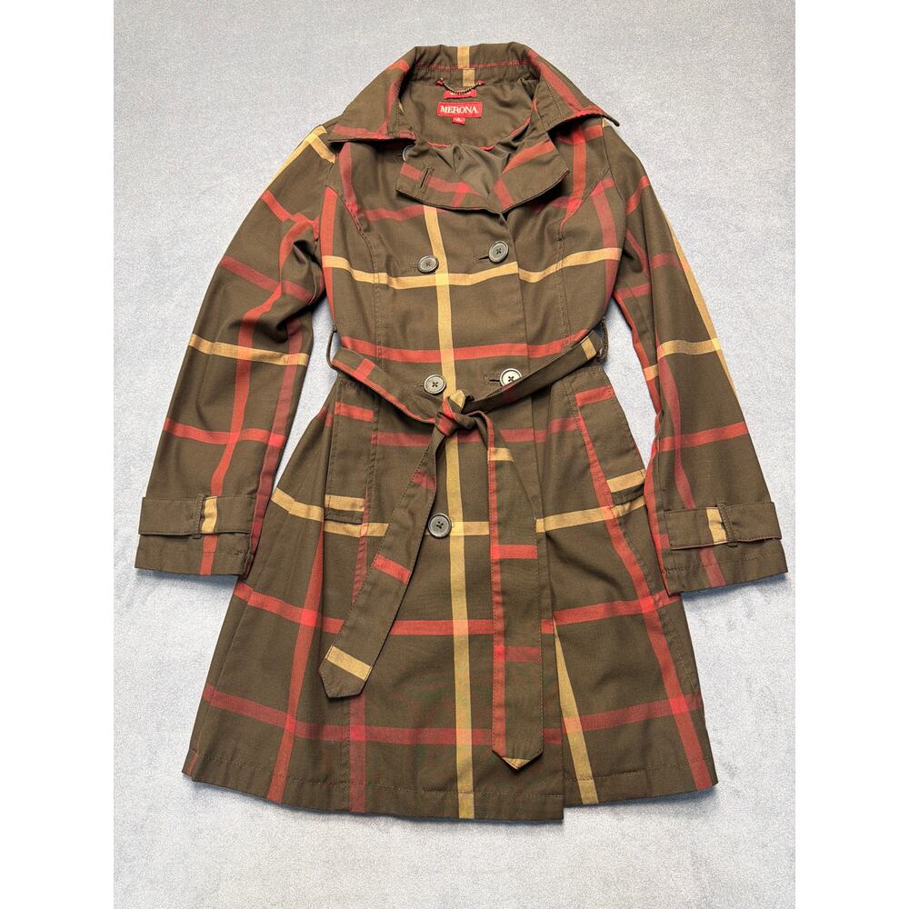 Merona Jacket Brown Plaid Double Breast Tie Waist Water Repellent Old Money SM